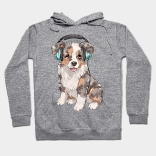 Watercolor Australian Shepherd Dog with Headphones Hoodie